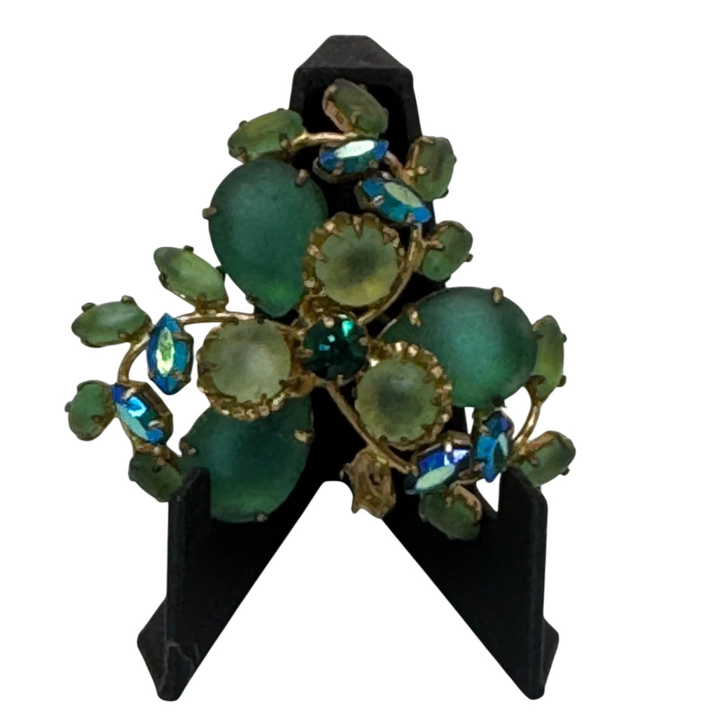 West Germany Frosted Glass Brooch Green Blue AB Rhinestone Floral Brooch 2.5" Vtg