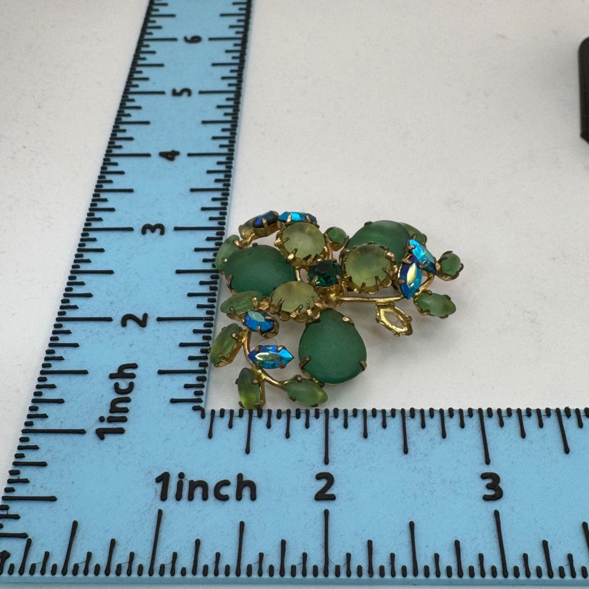 West Germany Frosted Glass Brooch Green Blue AB Rhinestone Floral Brooch 2.5" Vtg