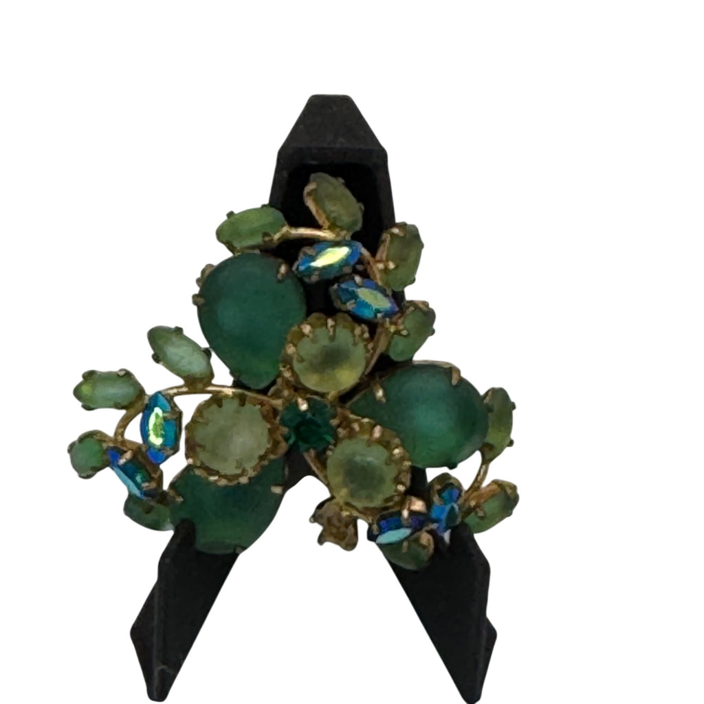 West Germany Frosted Glass Brooch Green Blue AB Rhinestone Floral Brooch 2.5" Vtg