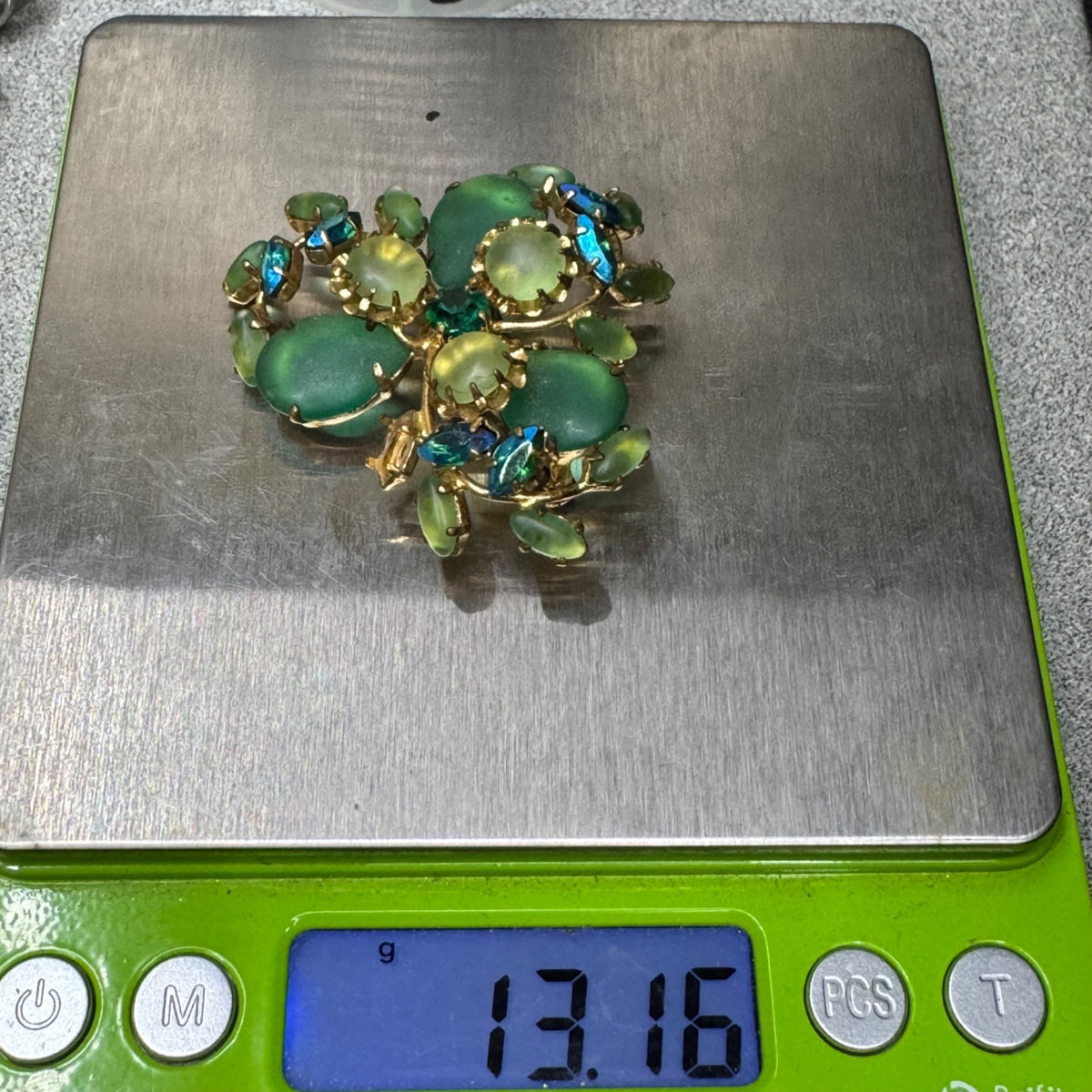 West Germany Frosted Glass Brooch Green Blue AB Rhinestone Floral Brooch 2.5" Vtg