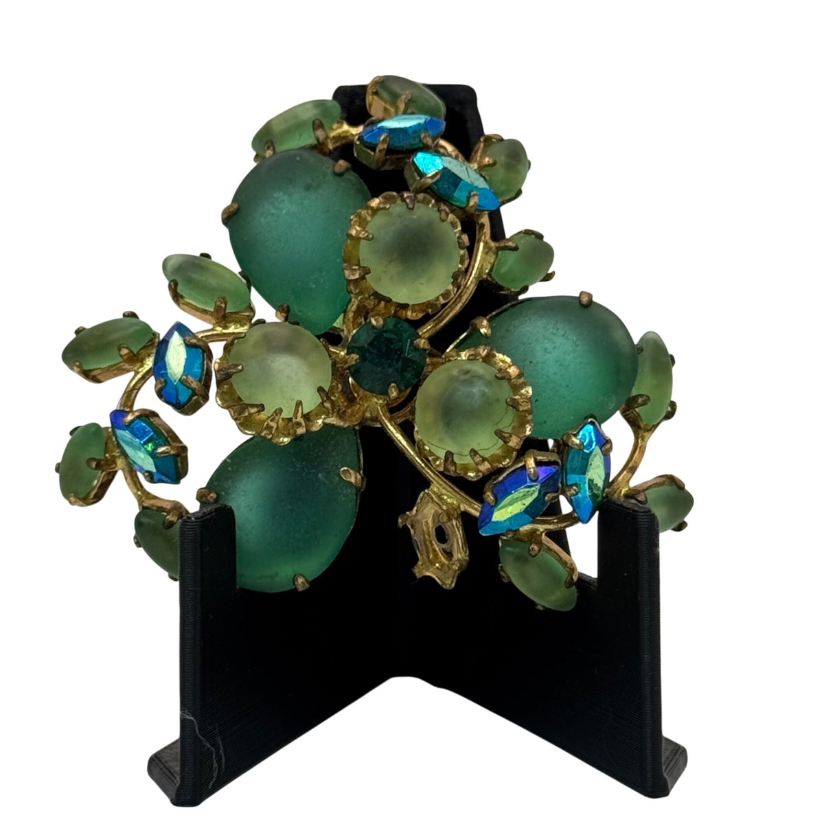 West Germany Frosted Glass Brooch Green Blue AB Rhinestone Floral Brooch 2.5" Vtg