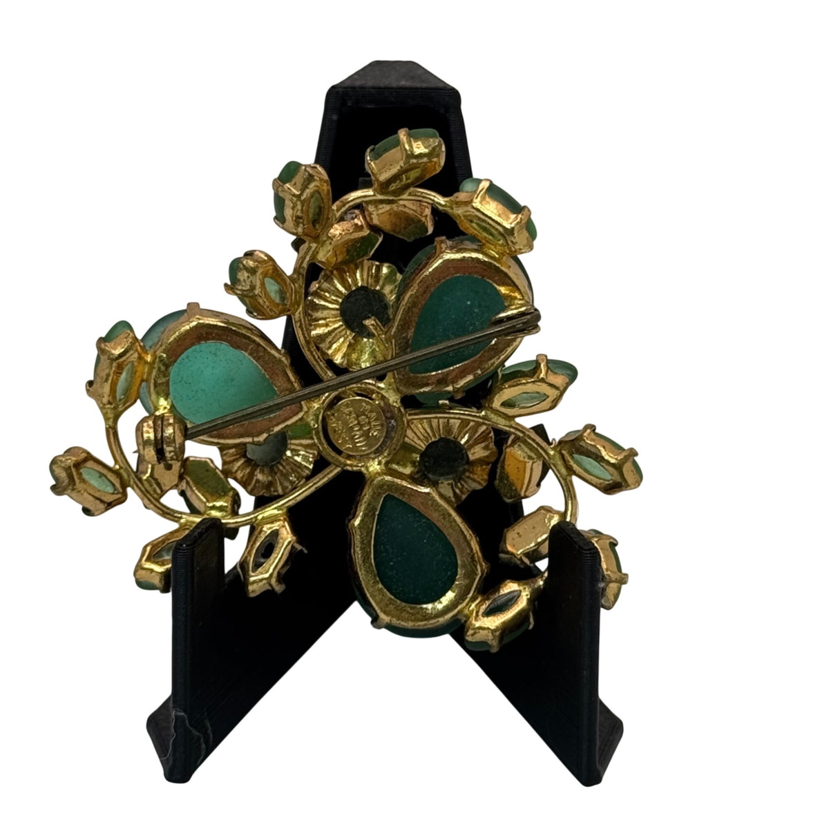 West Germany Frosted Glass Brooch Green Blue AB Rhinestone Floral Brooch 2.5" Vtg
