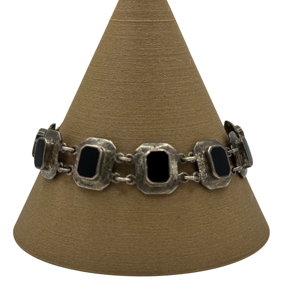 Black Onyx Sterling  Link Bracelet Vintage Silver 925 Panels 7" Signed ND Estate