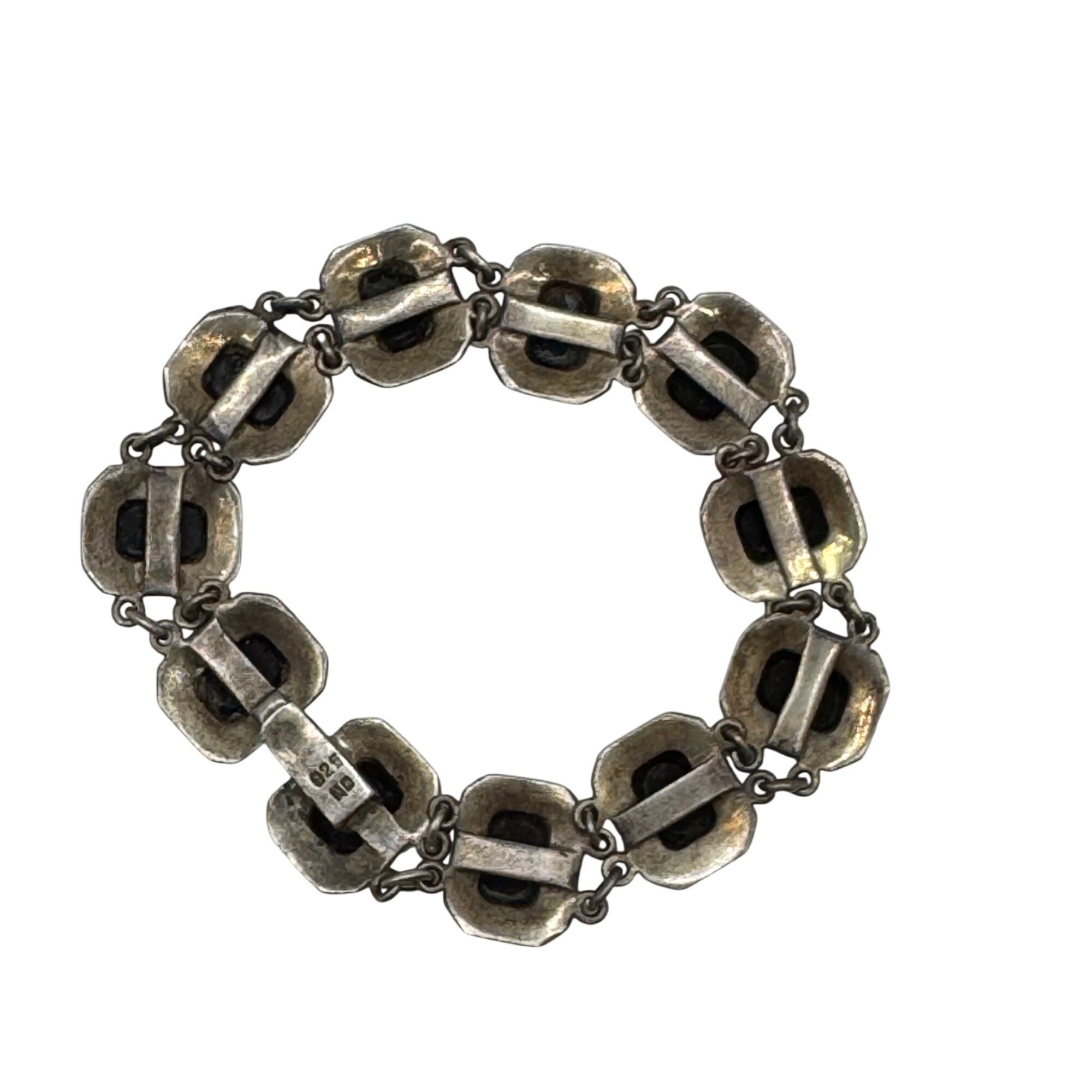 Black Onyx Sterling  Link Bracelet Vintage Silver 925 Panels 7" Signed ND Estate