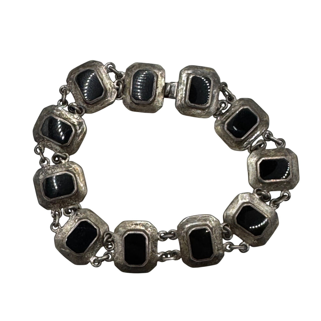 Black Onyx Sterling  Link Bracelet Vintage Silver 925 Panels 7" Signed ND Estate