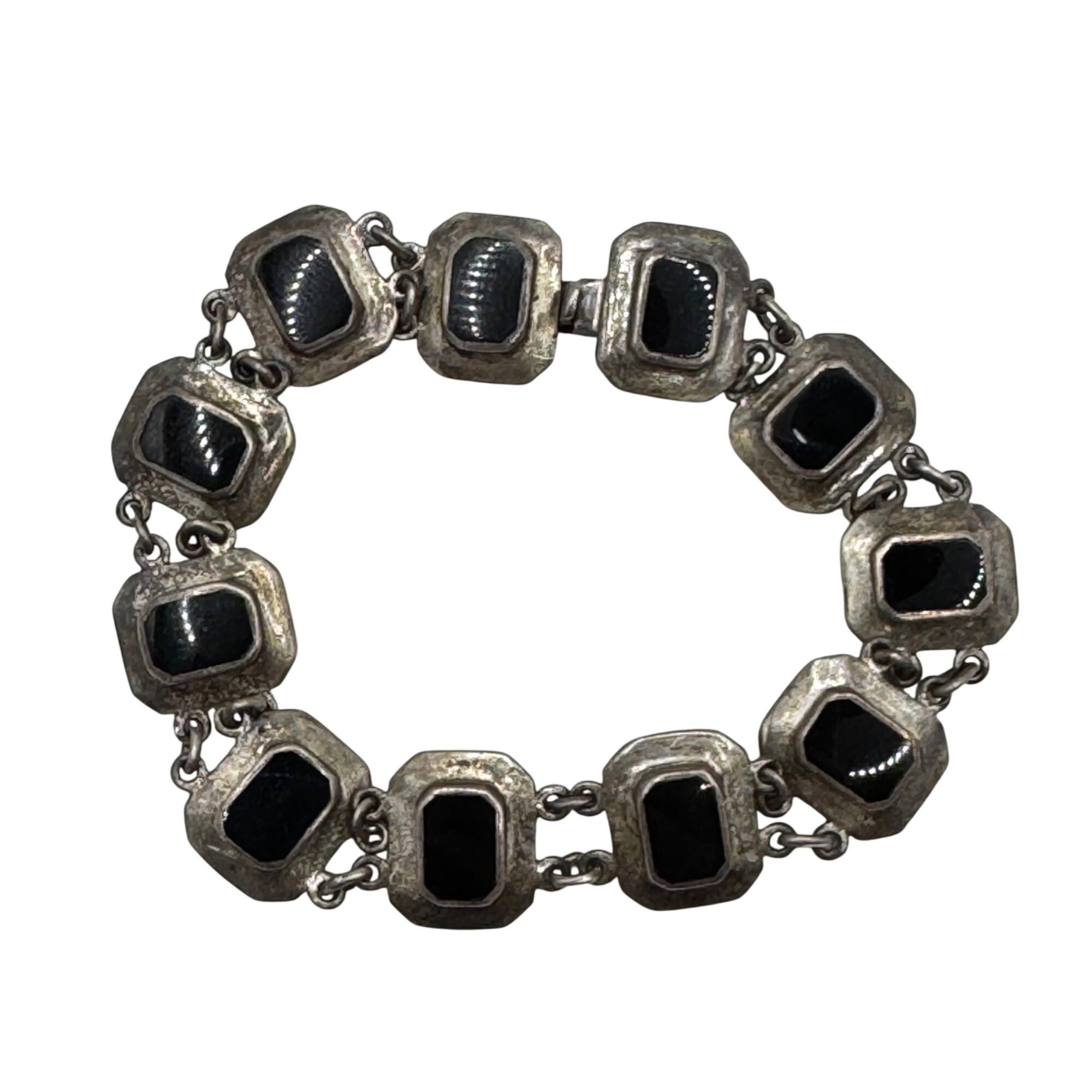 Black Onyx Sterling  Link Bracelet Vintage Silver 925 Panels 7" Signed ND Estate