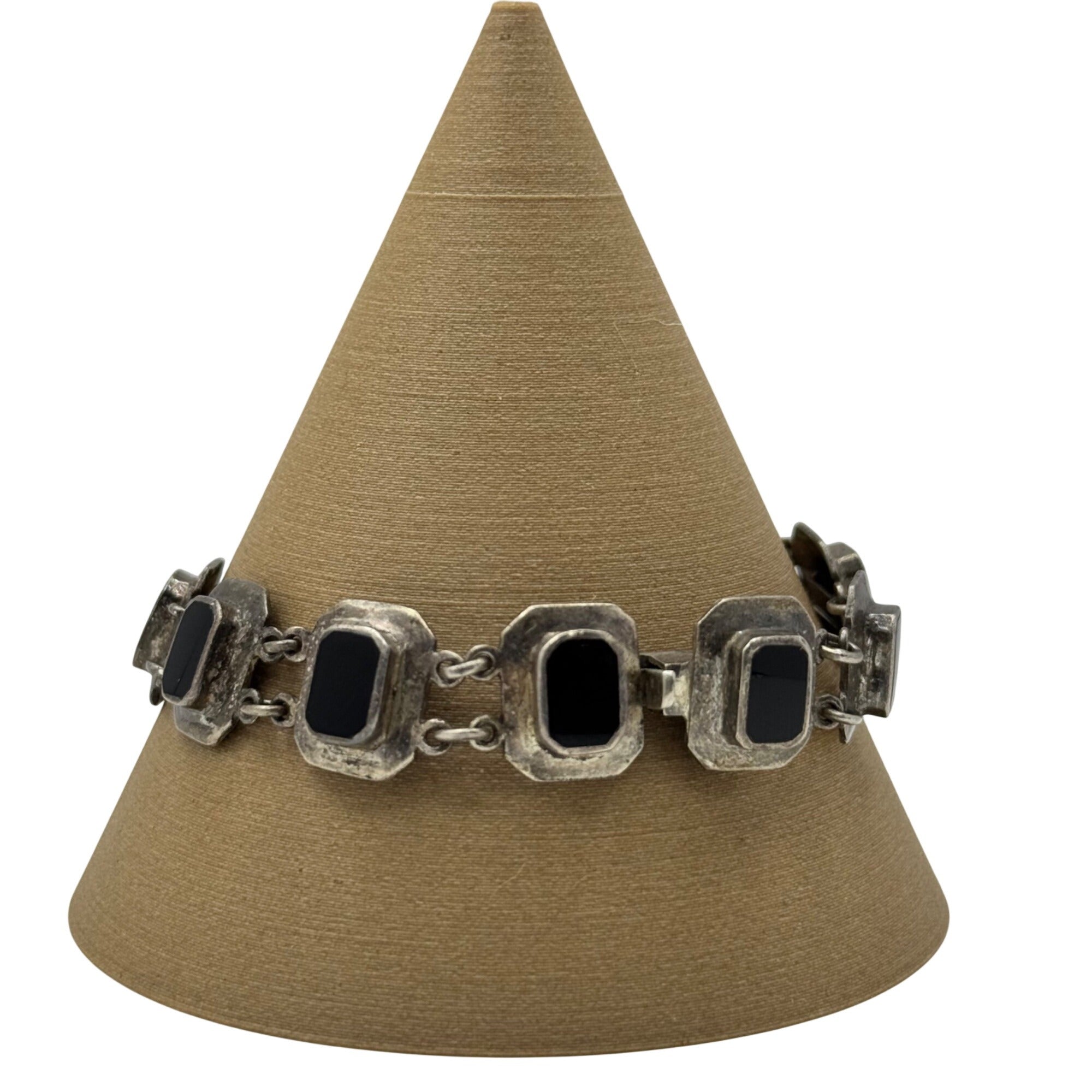 Black Onyx Sterling  Link Bracelet Vintage Silver 925 Panels 7" Signed ND Estate