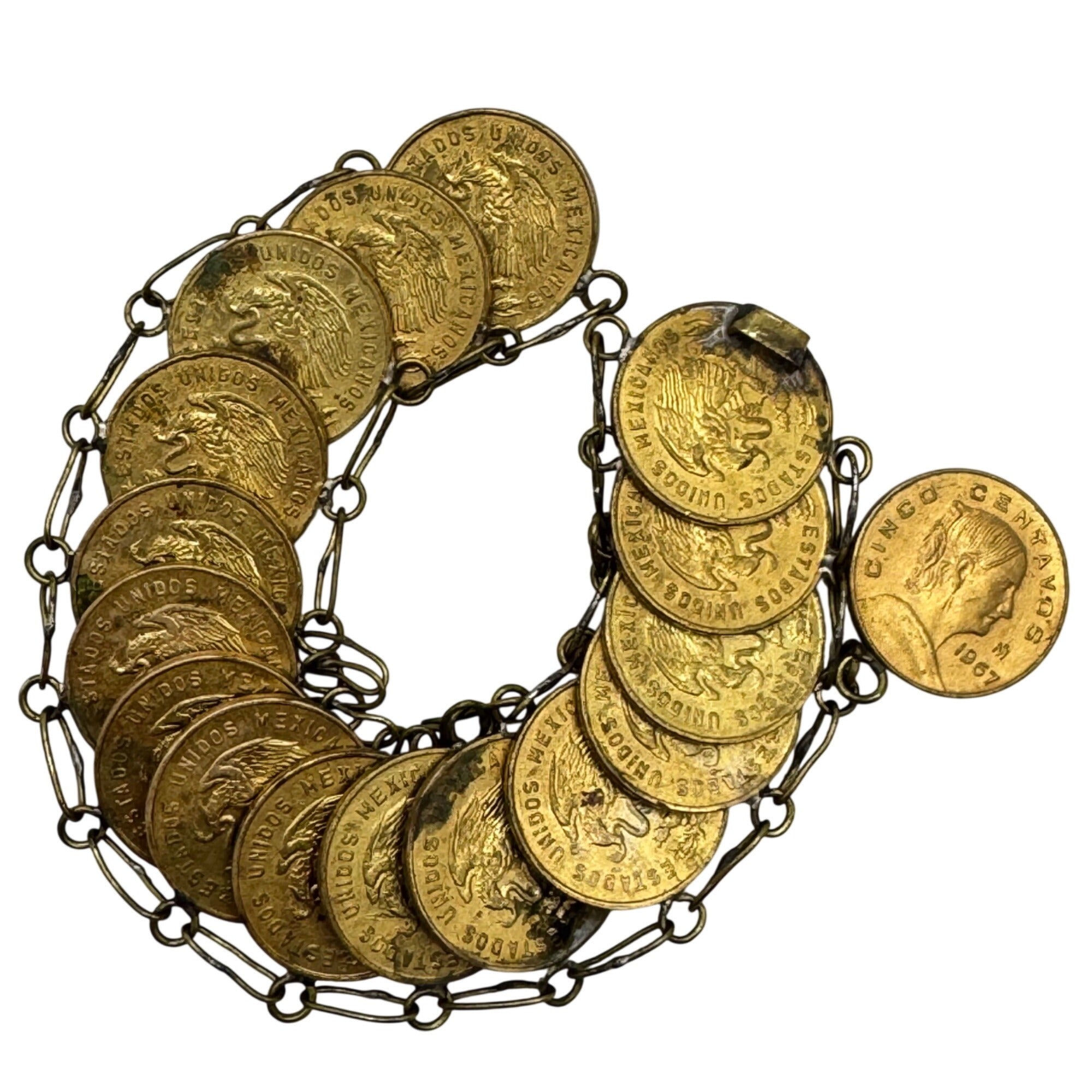 Statement Coin Bracelet Centavos Mexican Cinco Link 7.5" Heavy Bracelet 71g Vtg