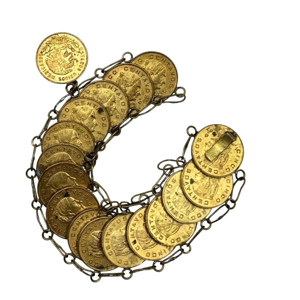 Statement Coin Bracelet Centavos Mexican Cinco Link 7.5" Heavy Bracelet 71g Vtg