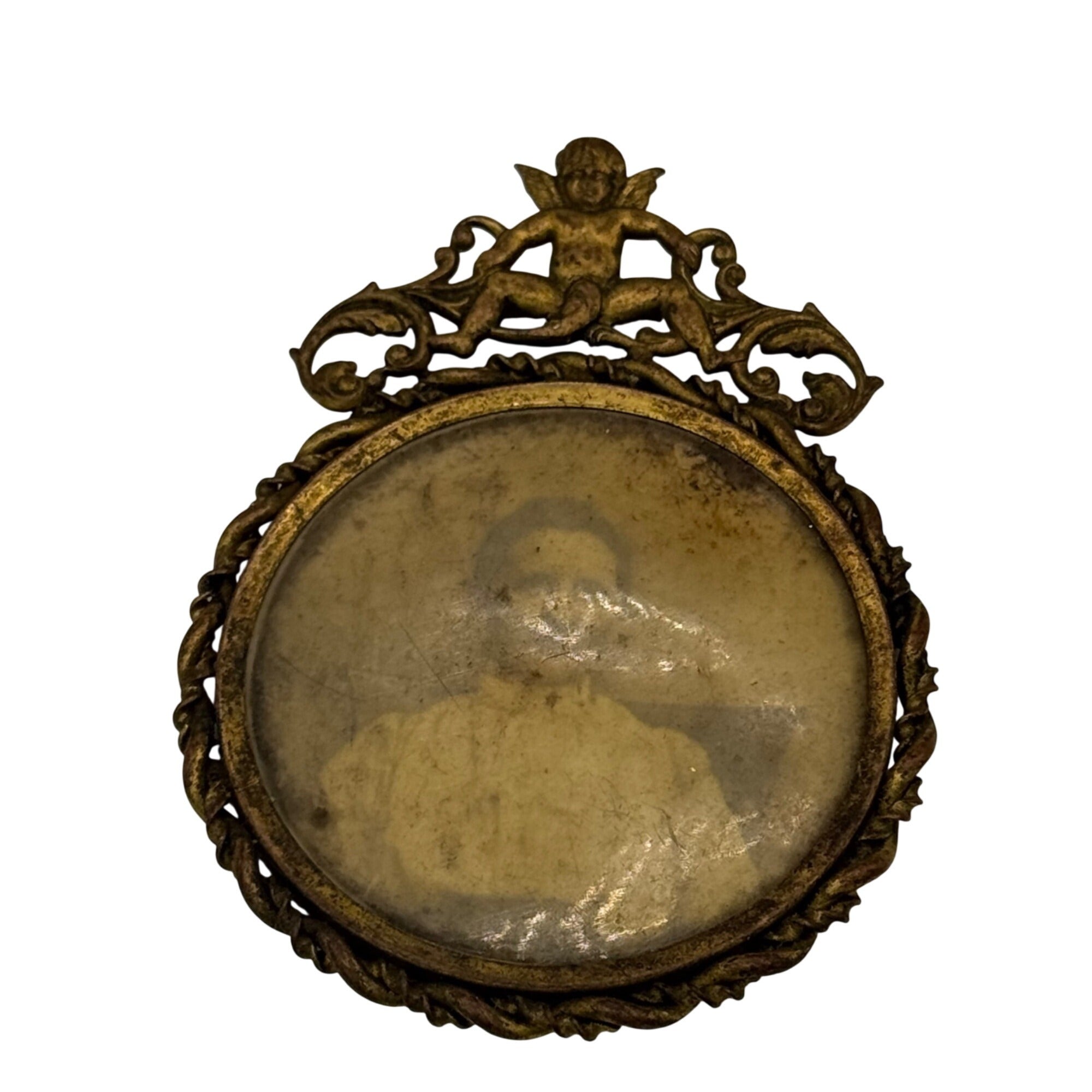 Antique Brass Oval Picture Frame Cherub Bow MiniaturePortrait Victorian Woman