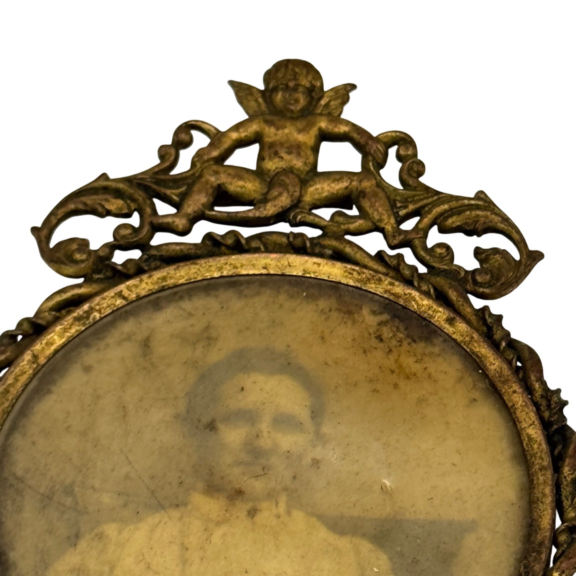 Antique Brass Oval Picture Frame Cherub Bow MiniaturePortrait Victorian Woman