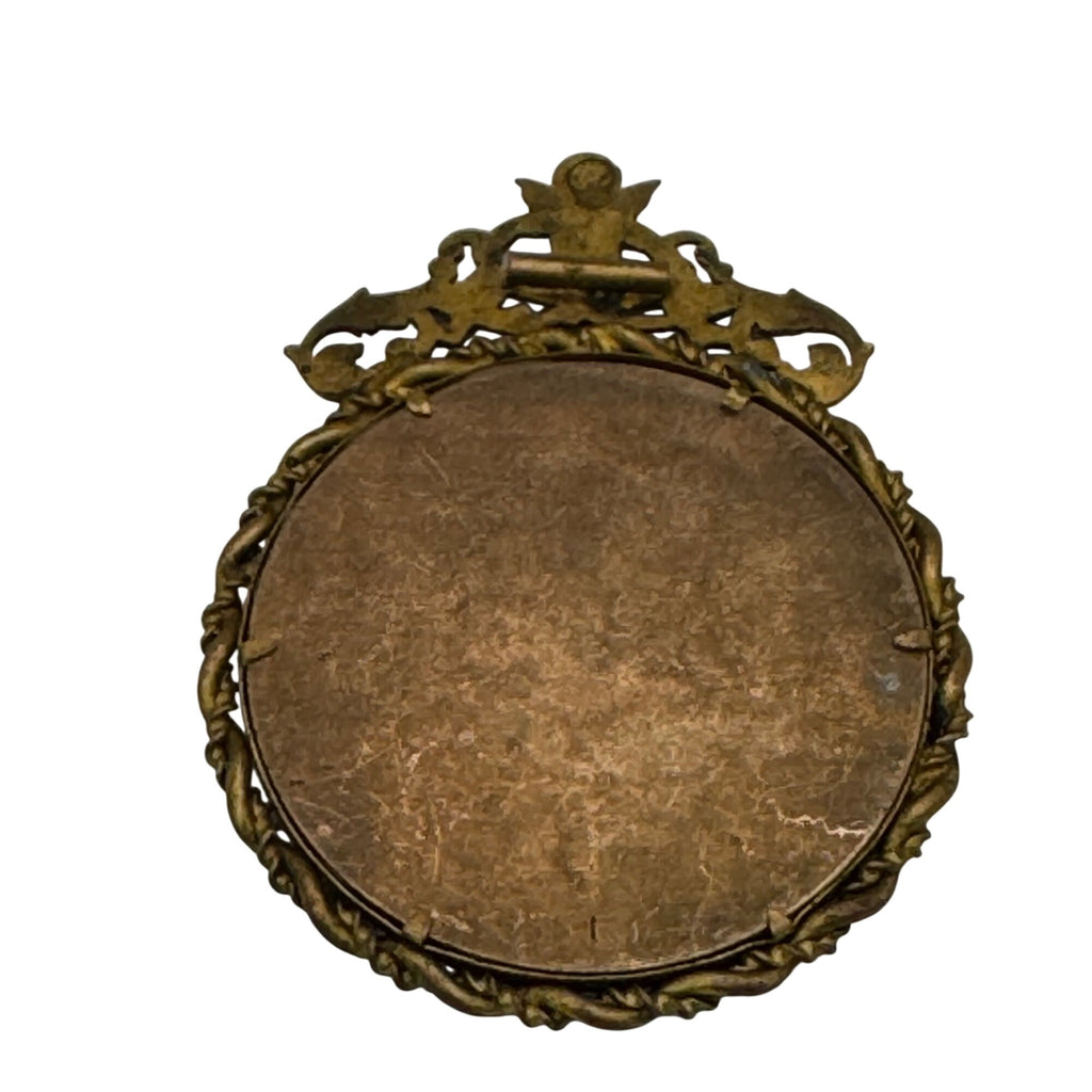 Antique Brass Oval Picture Frame Cherub Bow MiniaturePortrait Victorian Woman
