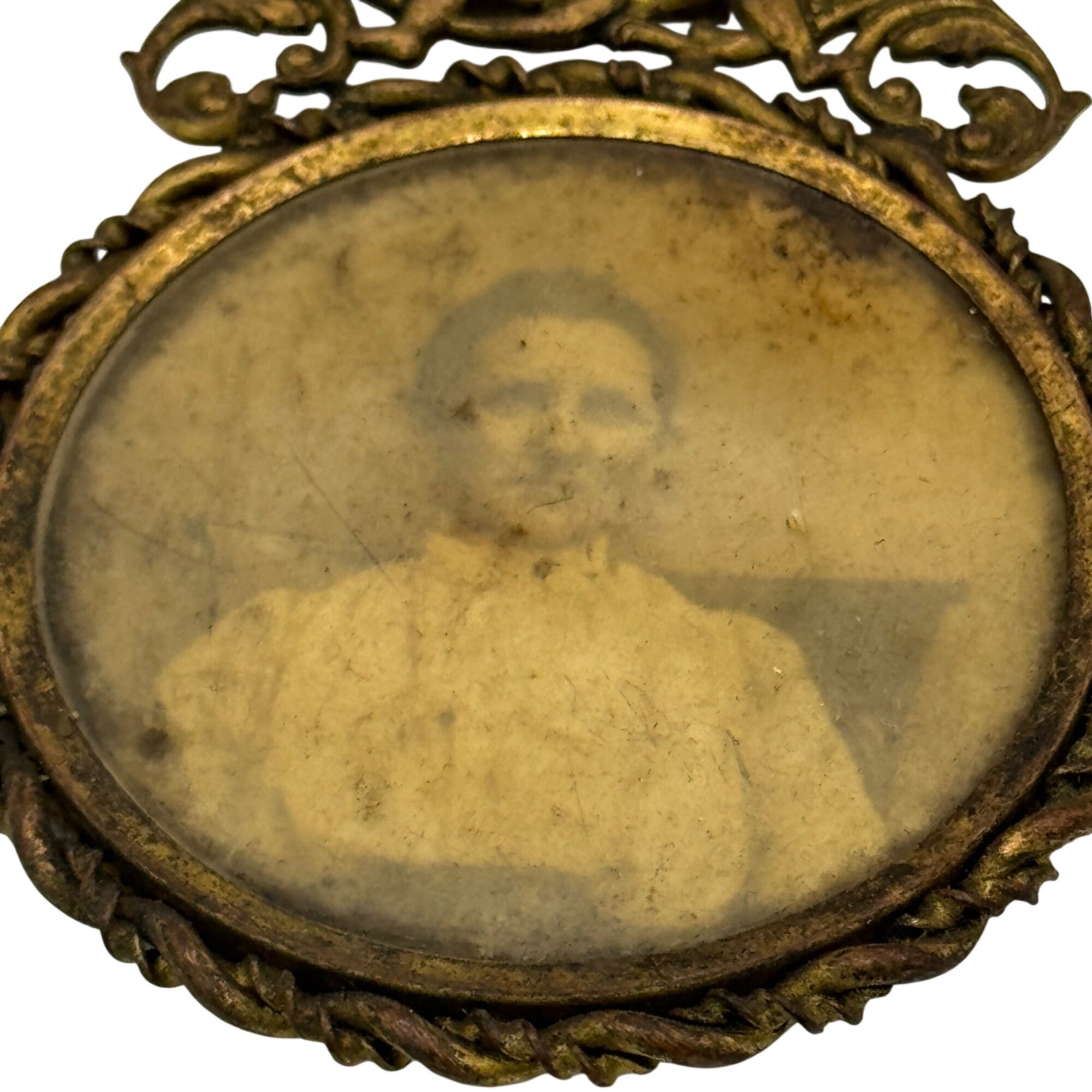 Antique Brass Oval Picture Frame Cherub Bow MiniaturePortrait Victorian Woman