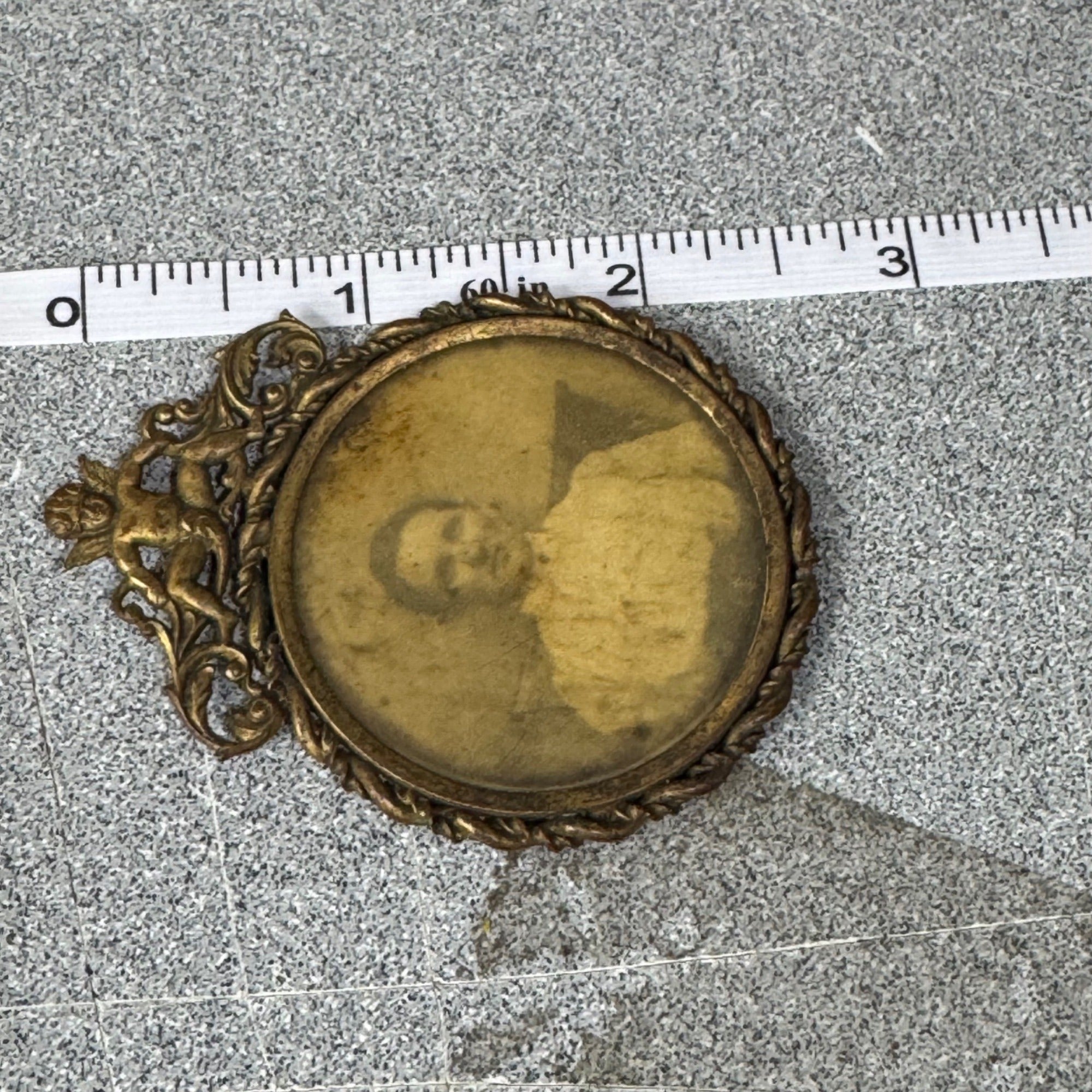 Antique Brass Oval Picture Frame Cherub Bow MiniaturePortrait Victorian Woman