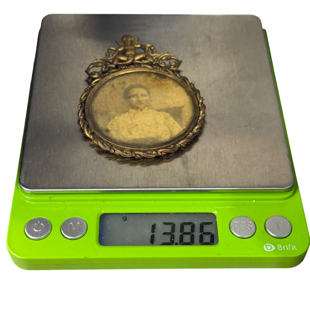 Antique Brass Oval Picture Frame Cherub Bow MiniaturePortrait Victorian Woman