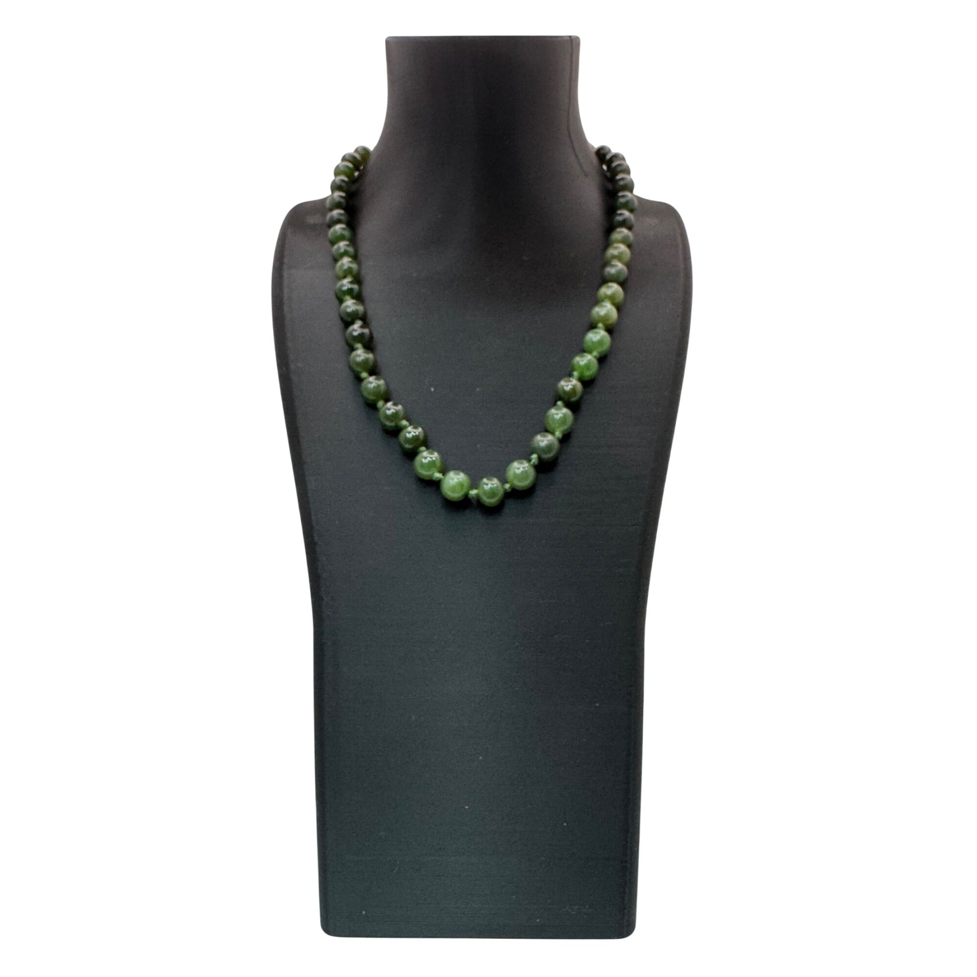Green Jade Bead Necklace Gold-Toned Clasp 34" Polished beads 37.3g Vintage
