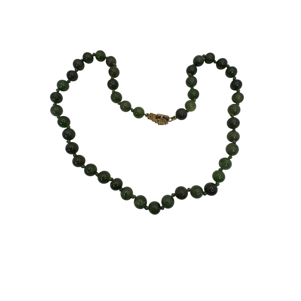 Green Jade Bead Necklace Gold-Toned Clasp 34" Polished beads 37.3g Vintage