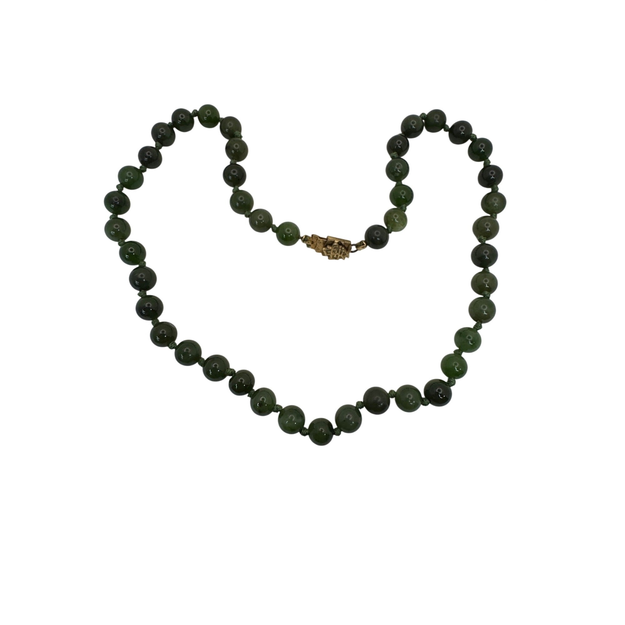 Green Jade Bead Necklace Gold-Toned Clasp 34" Polished beads 37.3g Vintage