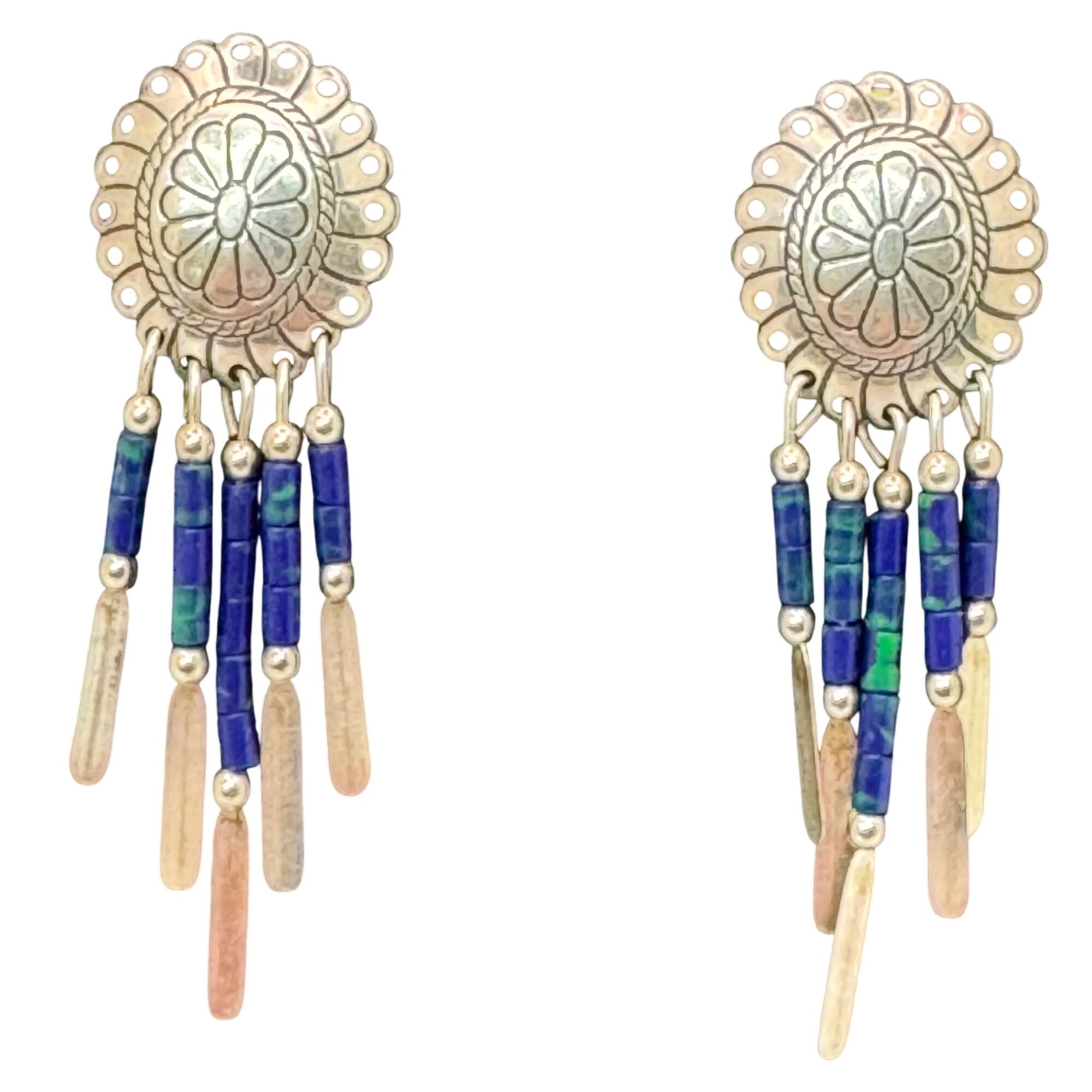 Vintage Concho Sterling Silver Beaded Dangle Earrings Azurite Blue & Green 2"