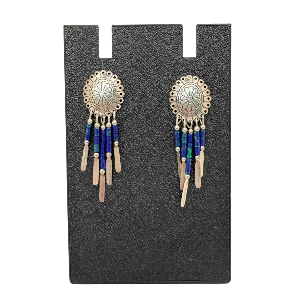 Vintage Concho Sterling Silver Beaded Dangle Earrings Azurite Blue & Green 2"