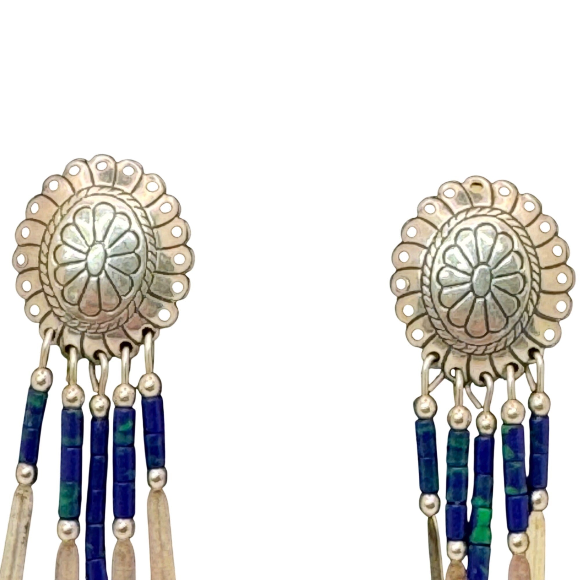 Vintage Concho Sterling Silver Beaded Dangle Earrings Azurite Blue & Green 2"