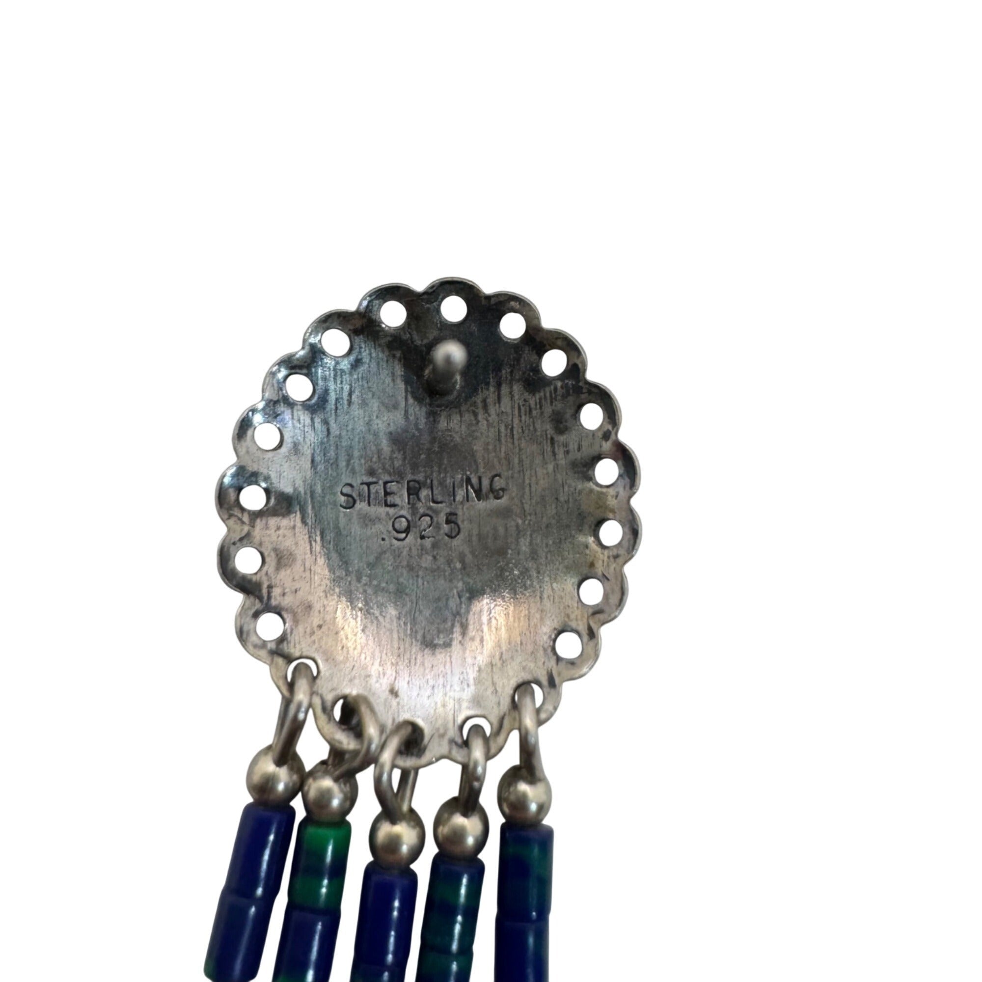 Vintage Concho Sterling Silver Beaded Dangle Earrings Azurite Blue & Green 2"