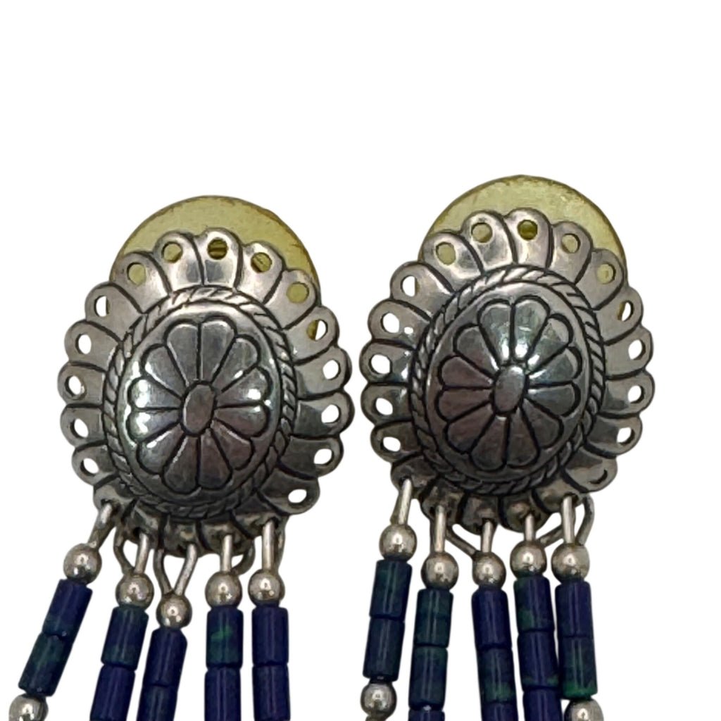 Vintage Concho Sterling Silver Beaded Dangle Earrings Azurite Blue & Green 2"