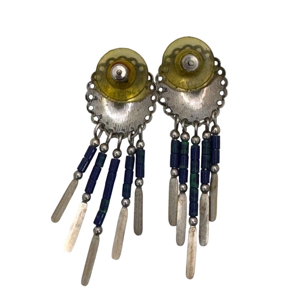 Vintage Concho Sterling Silver Beaded Dangle Earrings Azurite Blue & Green 2"