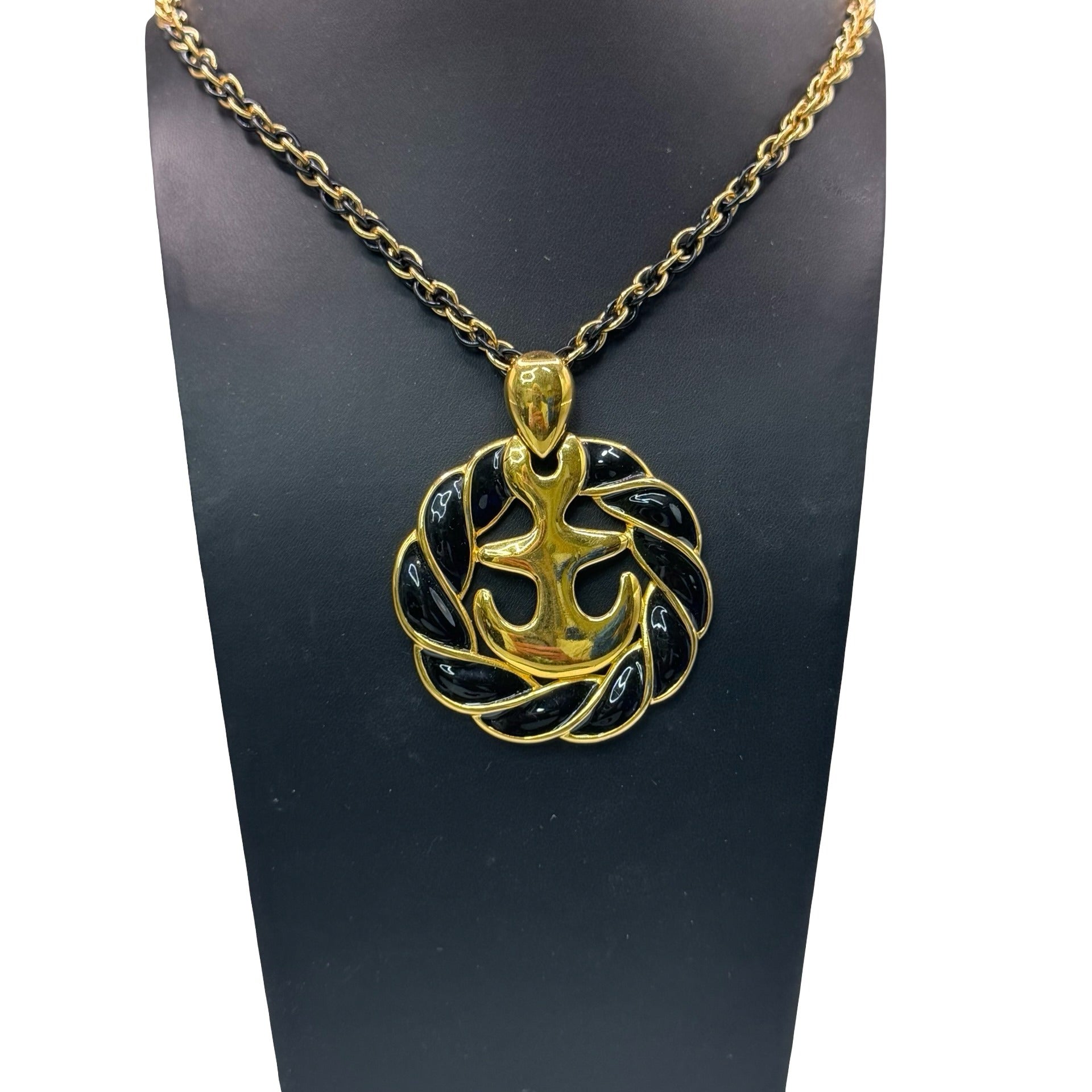 Vintage Anchor Pendant Necklace Gold Tone Black Enamel Nautical Monet 30" Chain