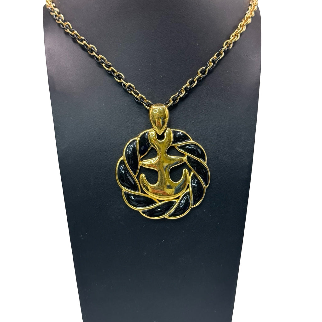 Vintage Anchor Pendant Necklace Gold Tone Black Enamel Nautical Monet 30" Chain