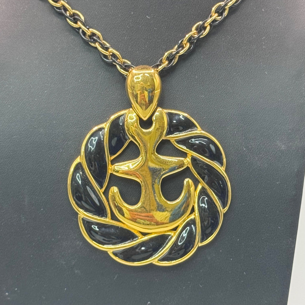 Vintage Anchor Pendant Necklace Gold Tone Black Enamel Nautical Monet 30" Chain