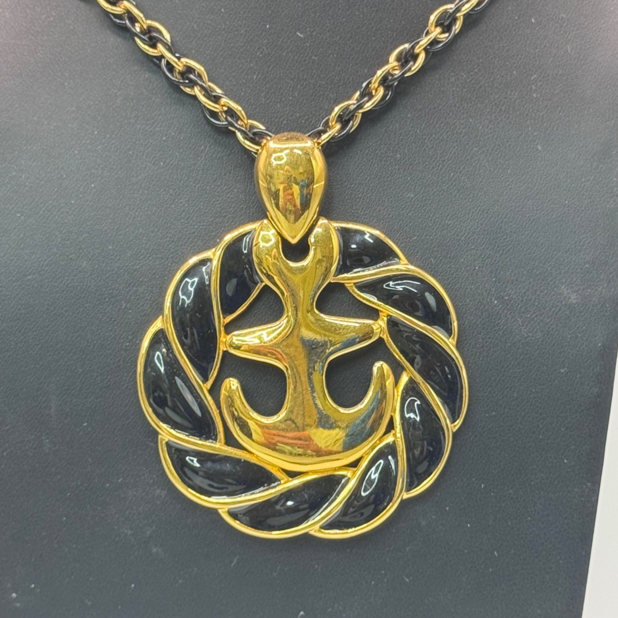 Vintage Anchor Pendant Necklace Gold Tone Black Enamel Nautical Monet 30" Chain