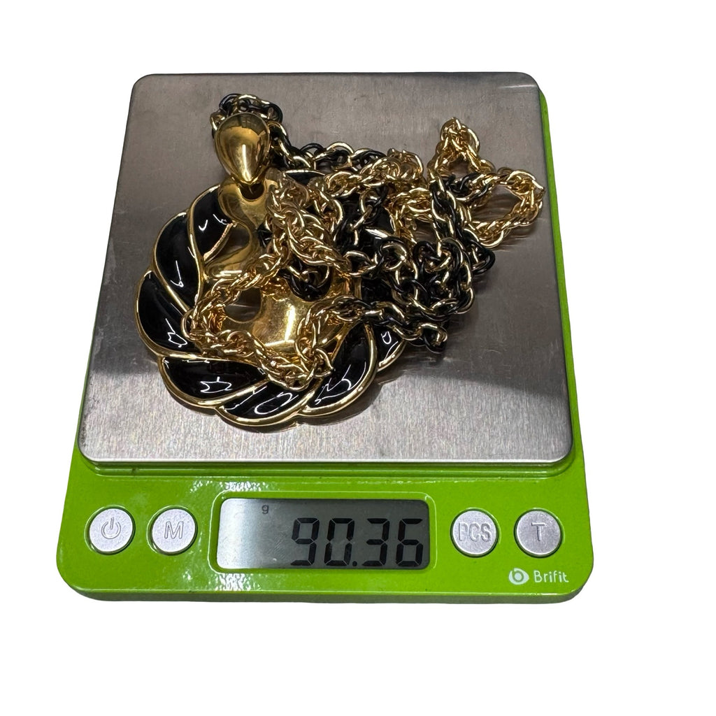 Vintage Anchor Pendant Necklace Gold Tone Black Enamel Nautical Monet 30" Chain