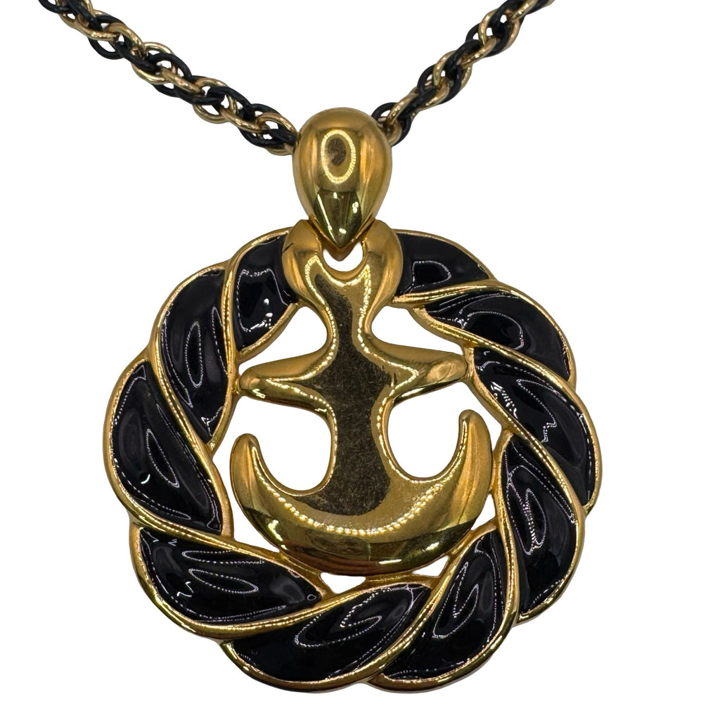 Vintage Anchor Pendant Necklace Gold Tone Black Enamel Nautical Monet 30" Chain