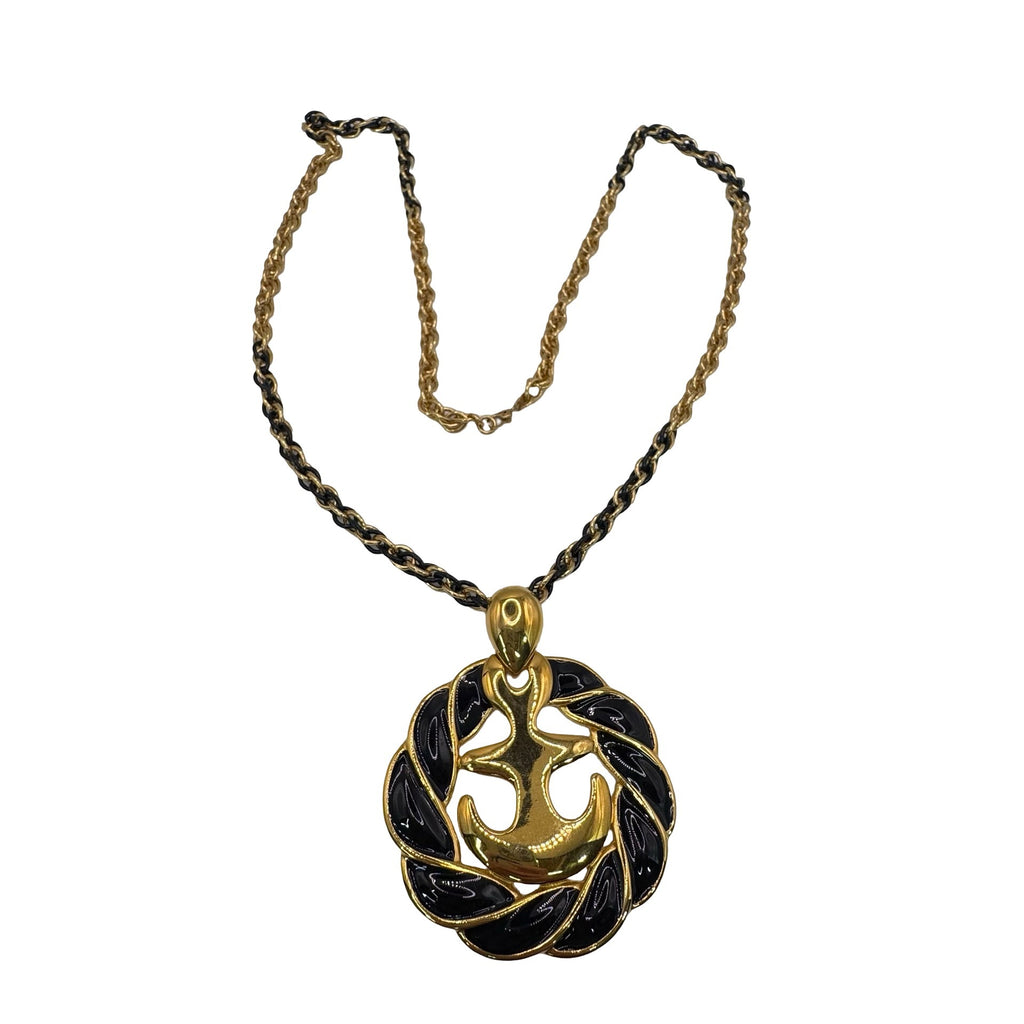 Vintage Anchor Pendant Necklace Gold Tone Black Enamel Nautical Monet 30" Chain