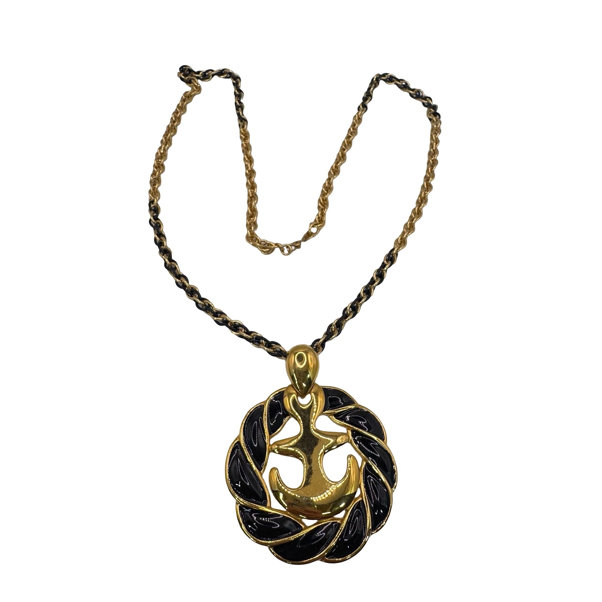 Vintage Anchor Pendant Necklace Gold Tone Black Enamel Nautical Monet 30" Chain
