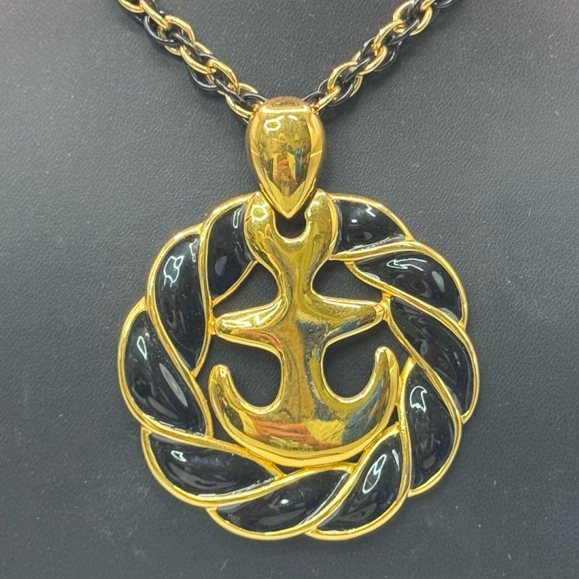 Vintage Anchor Pendant Necklace Gold Tone Black Enamel Nautical Monet 30" Chain