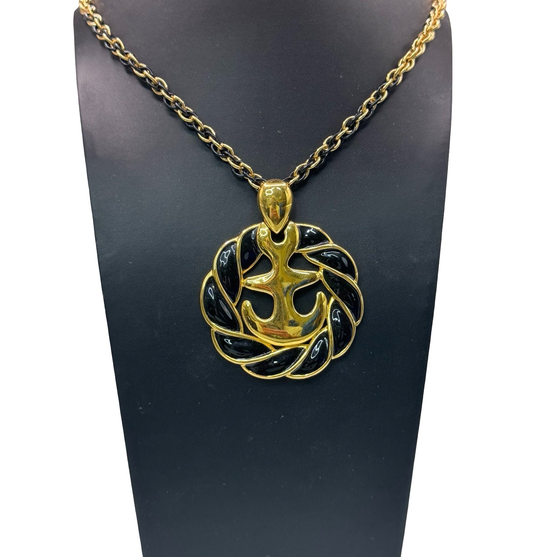 Vintage Anchor Pendant Necklace Gold Tone Black Enamel Nautical Monet 30" Chain