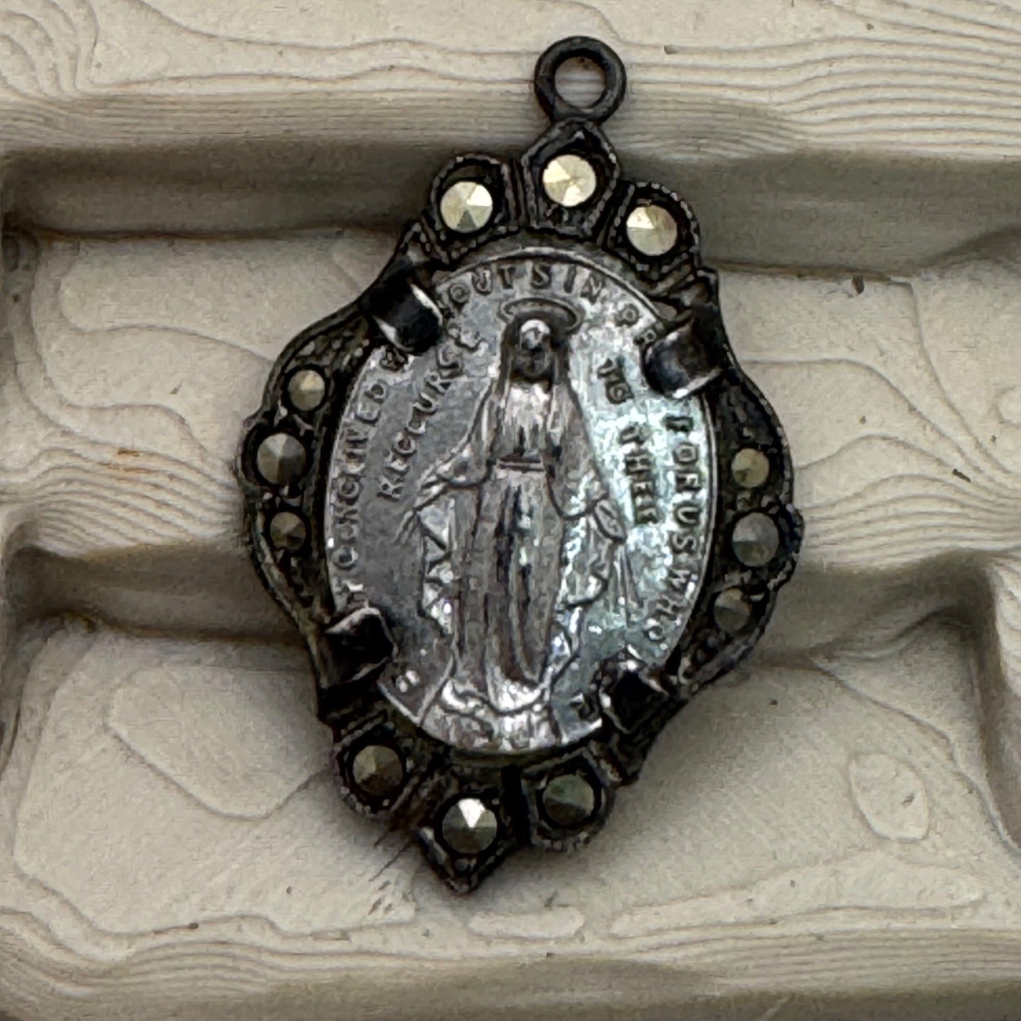 Miraculous Medal Pendant Marcasite Vtg Sterling Silver Religious Virgin Mary 1"