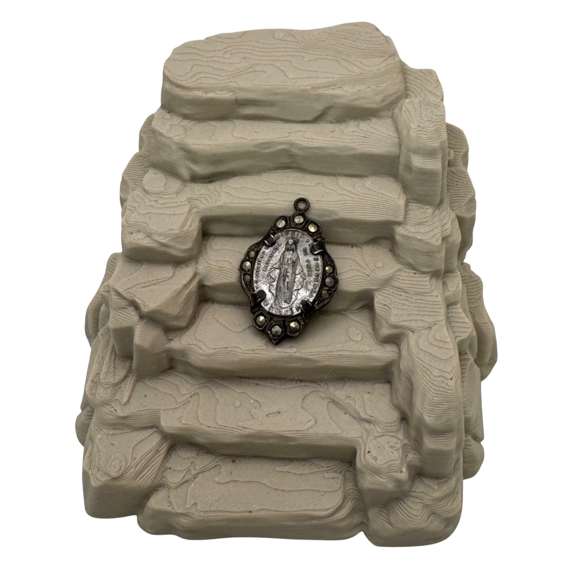 Miraculous Medal Pendant Marcasite Vtg Sterling Silver Religious Virgin Mary 1"