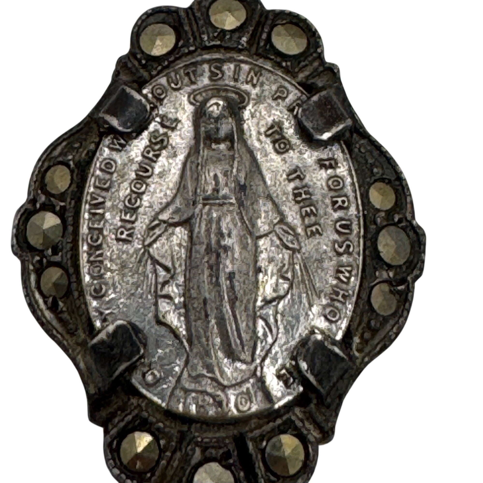 Miraculous Medal Pendant Marcasite Vtg Sterling Silver Religious Virgin Mary 1"