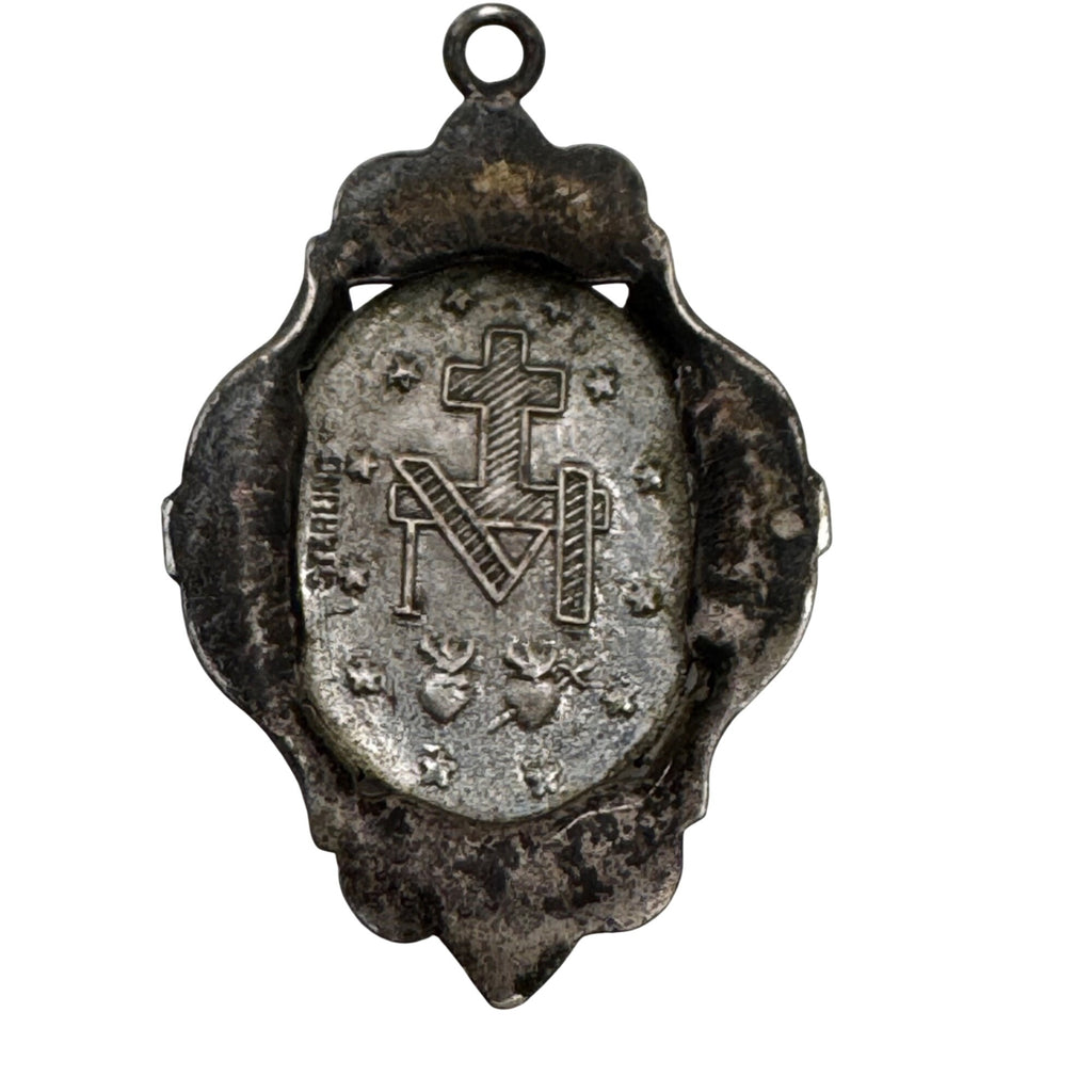 Miraculous Medal Pendant Marcasite Vtg Sterling Silver Religious Virgin Mary 1"