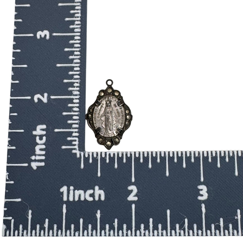Miraculous Medal Pendant Marcasite Vtg Sterling Silver Religious Virgin Mary 1"