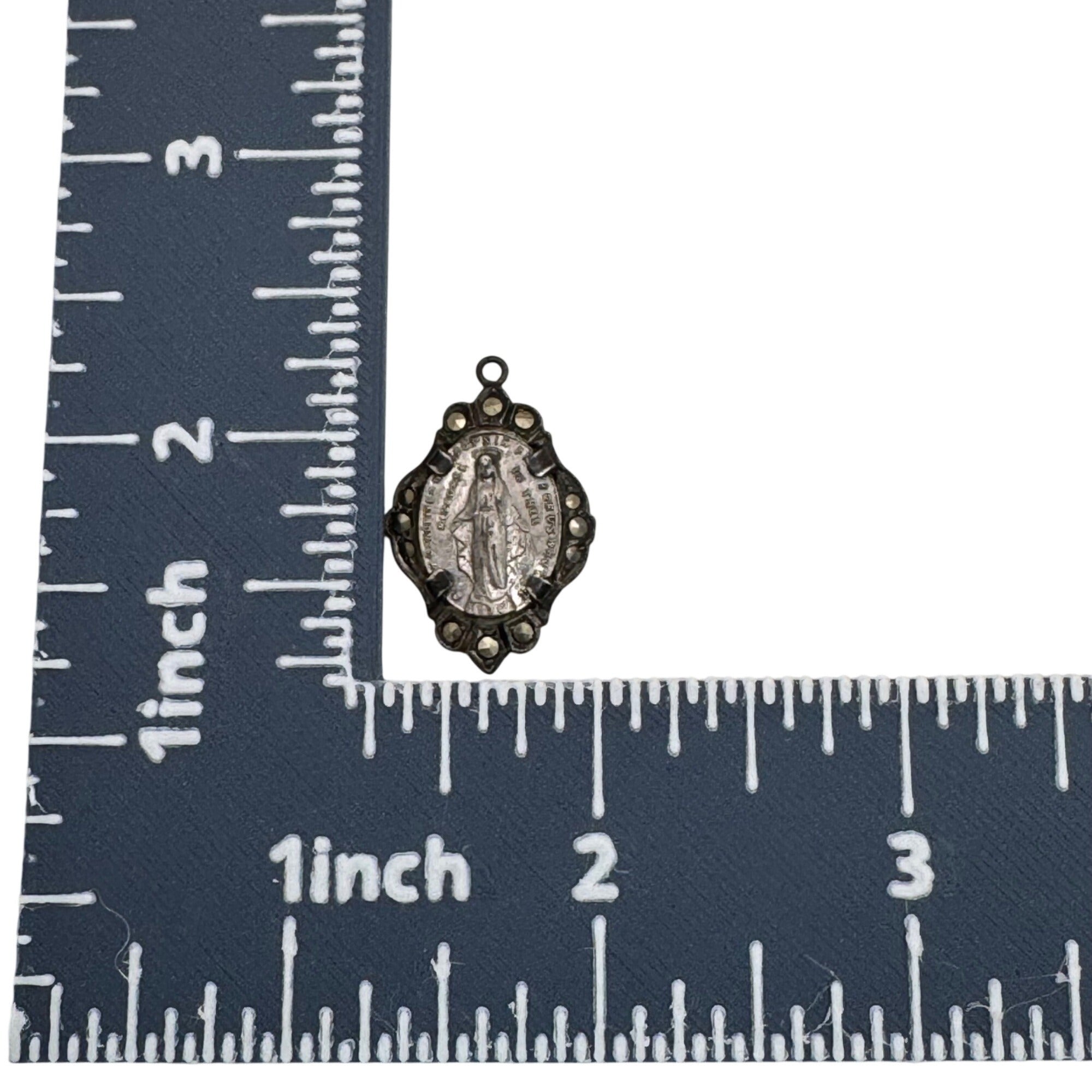 Miraculous Medal Pendant Marcasite Vtg Sterling Silver Religious Virgin Mary 1"
