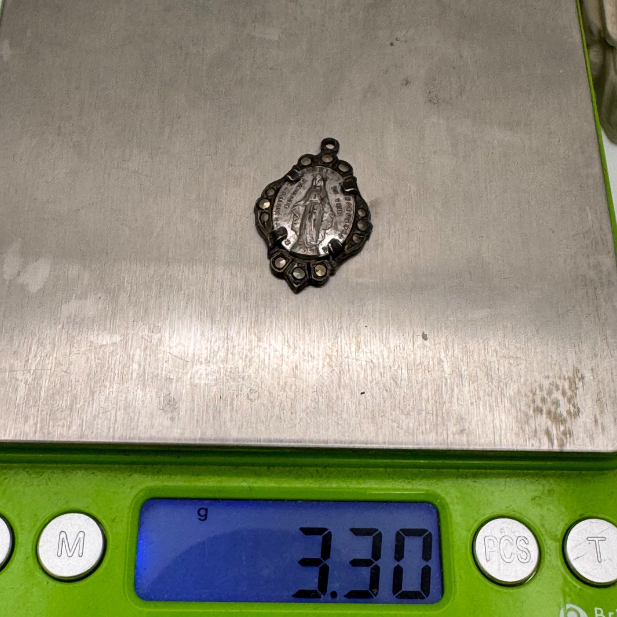 Miraculous Medal Pendant Marcasite Vtg Sterling Silver Religious Virgin Mary 1"