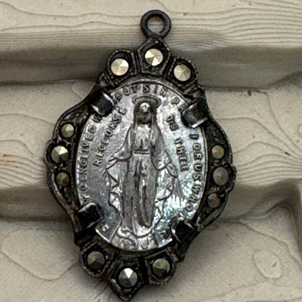 Miraculous Medal Pendant Marcasite Vtg Sterling Silver Religious Virgin Mary 1"