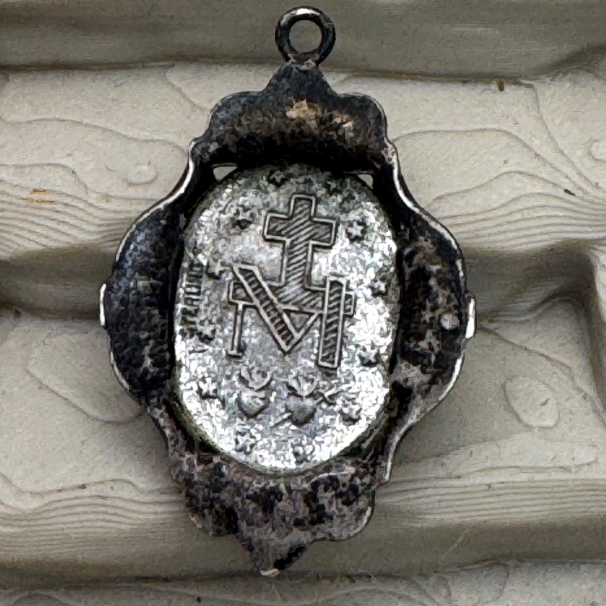Miraculous Medal Pendant Marcasite Vtg Sterling Silver Religious Virgin Mary 1"