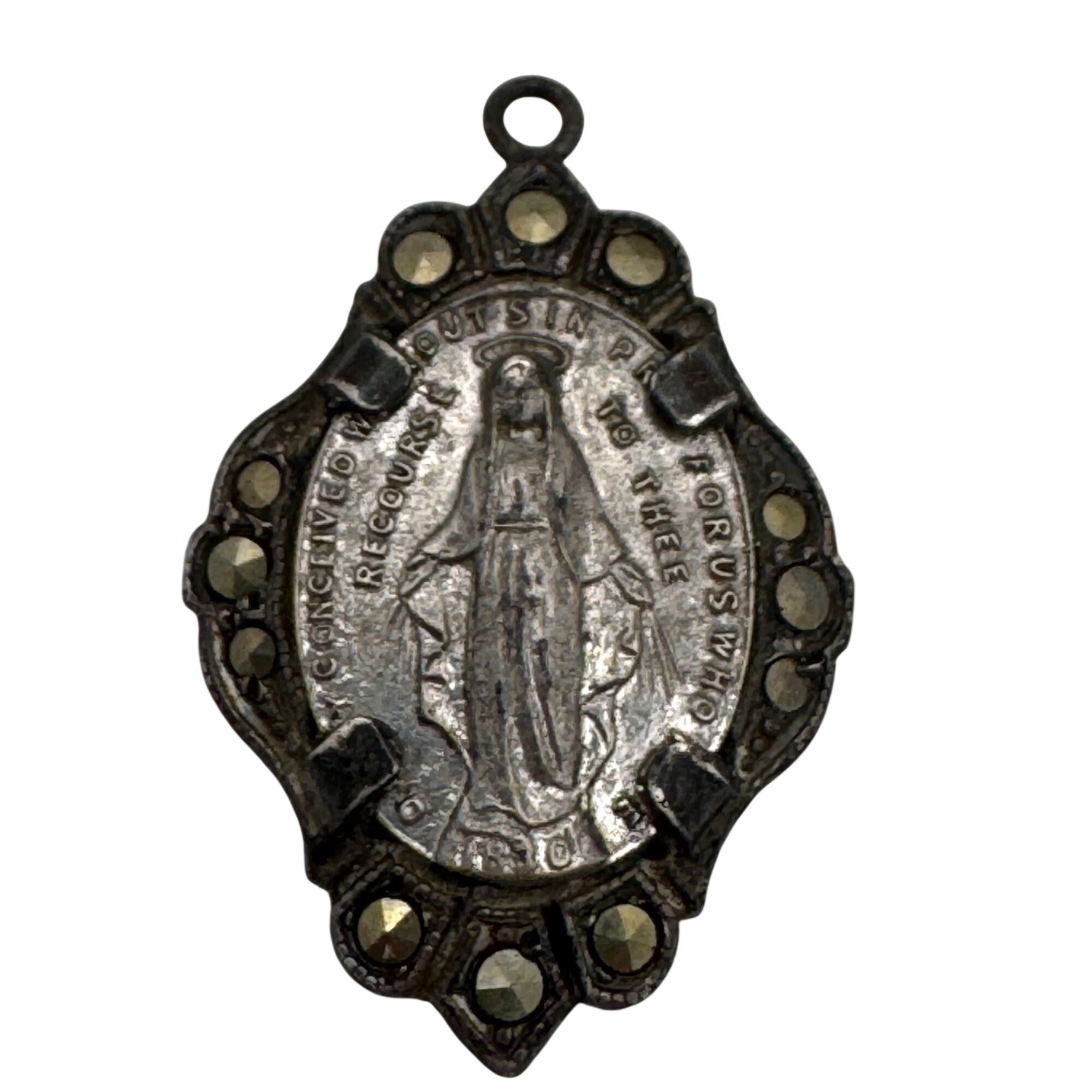 Miraculous Medal Pendant Marcasite Vtg Sterling Silver Religious Virgin Mary 1"
