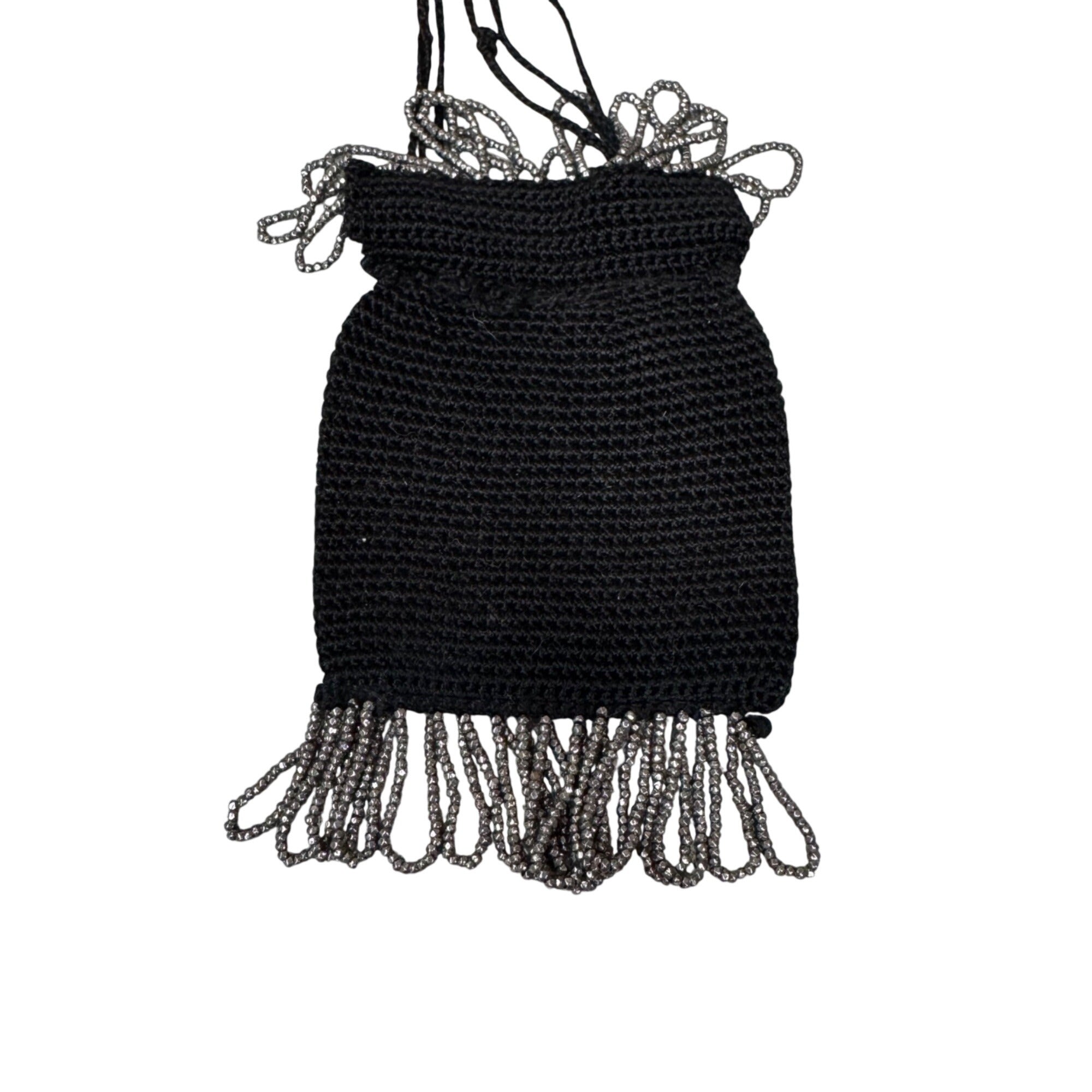 Vintage Black Crochet Drawstring Pouch Seed Bead Beaded Fringe 3x4 Coin Pouch