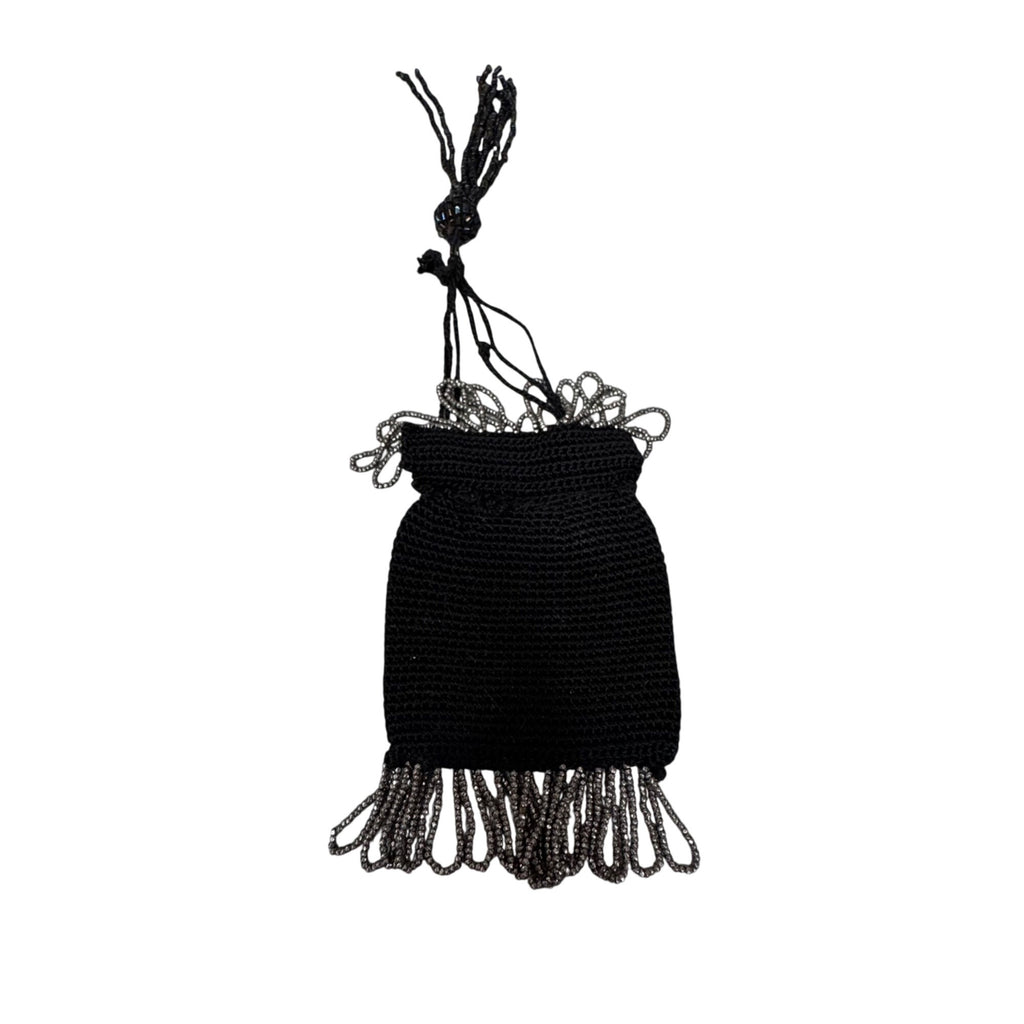 Vintage Black Crochet Drawstring Pouch Seed Bead Beaded Fringe 3x4 Coin Pouch